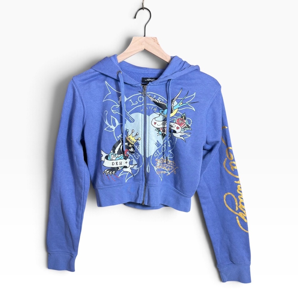 Ed Hardy Women Blue Love Kills Slowly Cropped Zip Up Hoodie Graphic Y2K Large